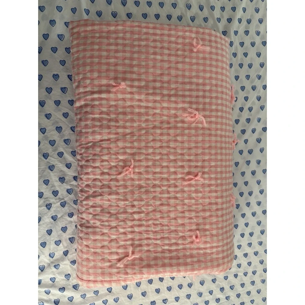 Handmade Reversible Pink Gingham Quilt 88x86 Cotton Tie Quilt Cottagecore